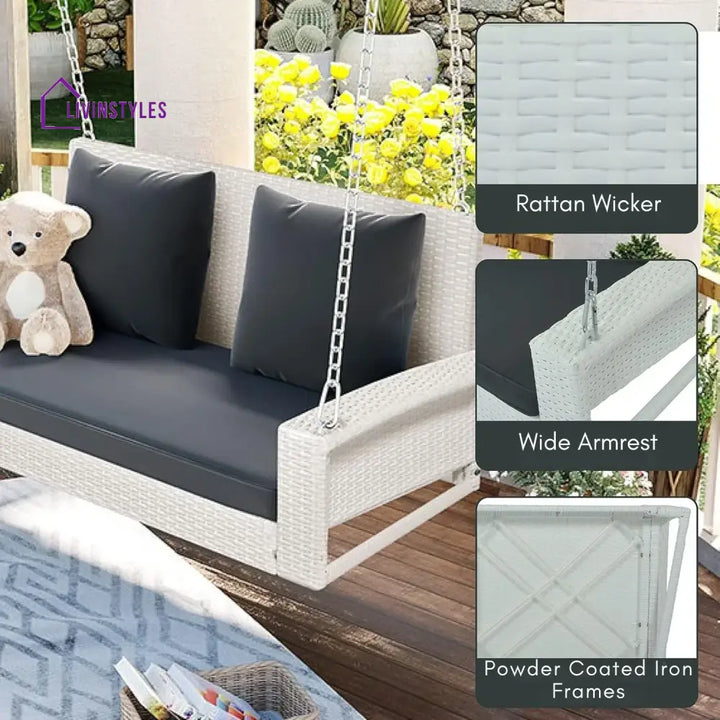 White Rattan Wicker Two Seater Sofa Swing - Swing