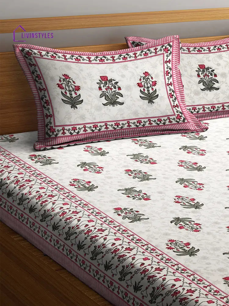 White Screen Block Print Jaipuri Cotton Floral Pattern Double Bedsheet With 2 Pillow Covers