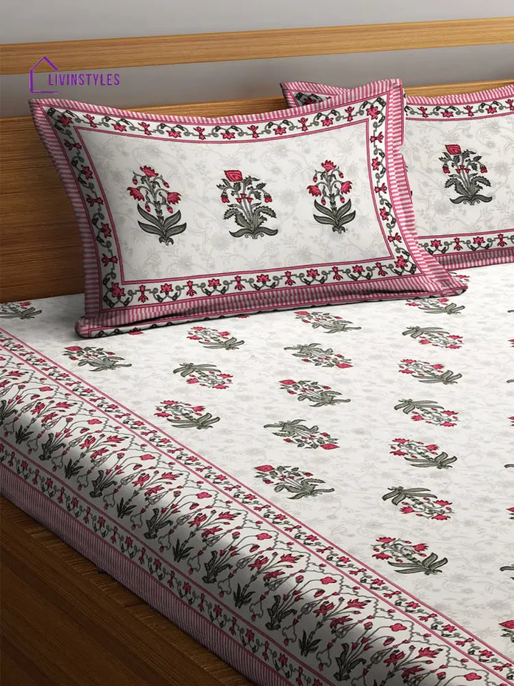 White Screen Block Print Jaipuri Cotton Floral Pattern Double Bedsheet With 2 Pillow Covers
