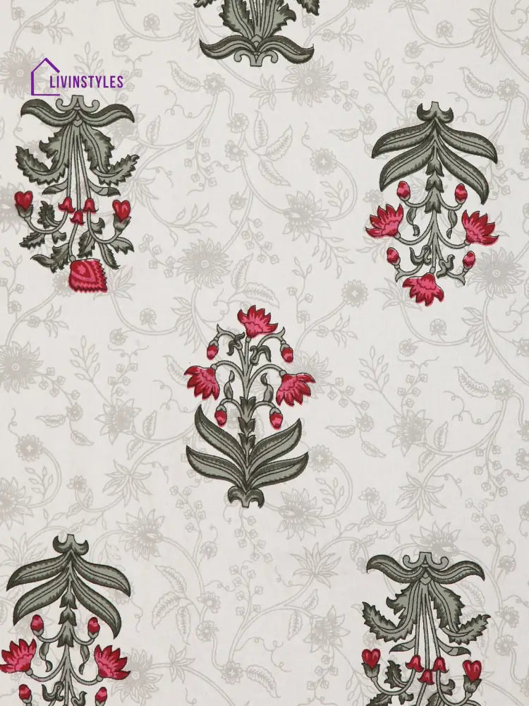 White Screen Block Print Jaipuri Cotton Floral Pattern Double Bedsheet With 2 Pillow Covers