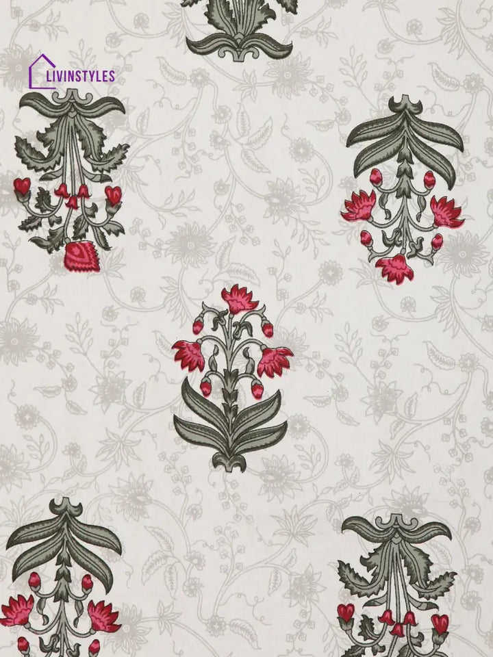 White Screen Block Print Jaipuri Cotton Floral Pattern Double Bedsheet With 2 Pillow Covers