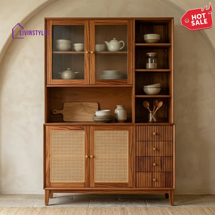 Whiti Classic Kitchen Cabinet with Glass Cane Weave (Honey Finish)