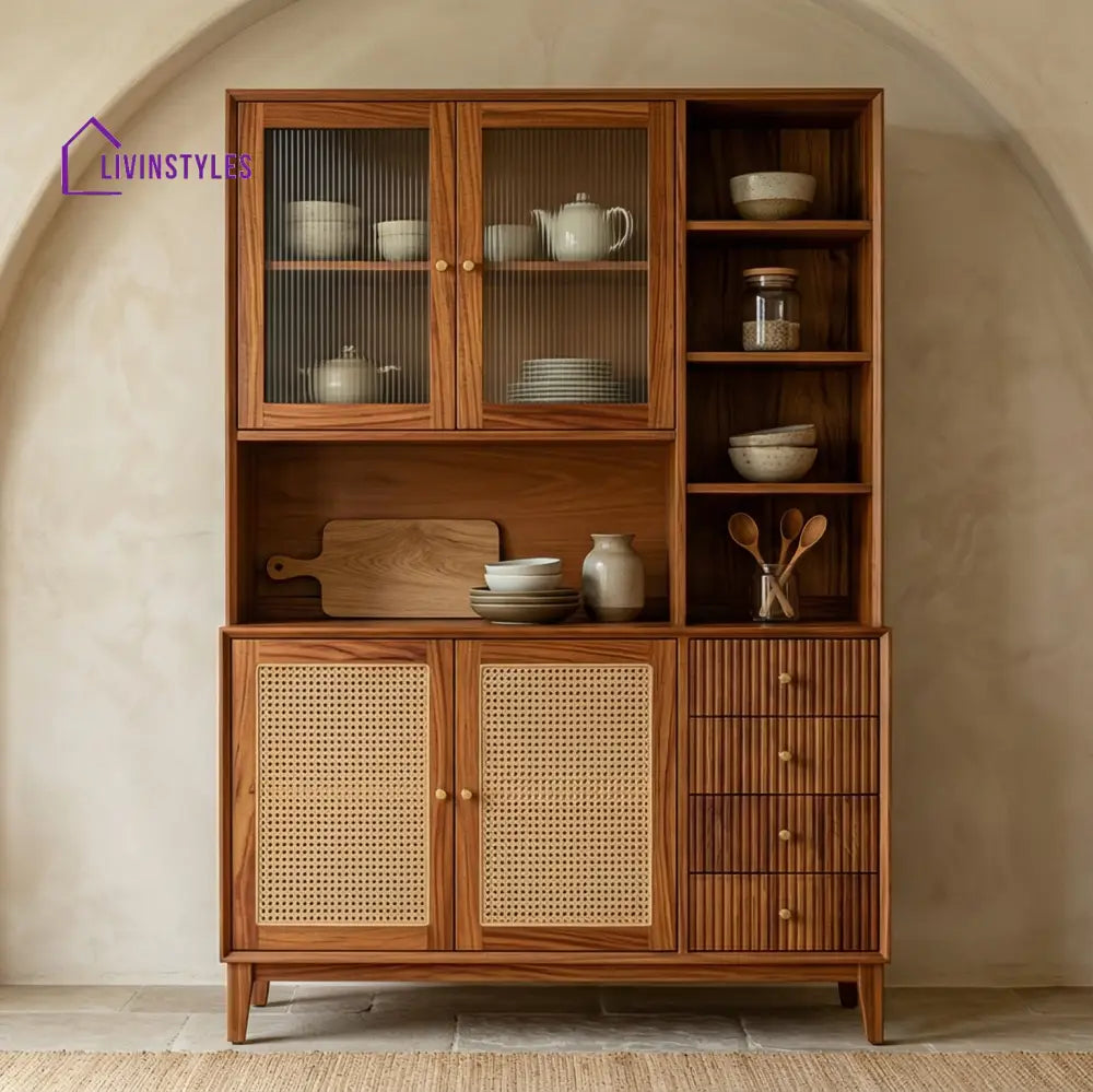 Whiti Classic Kitchen Cabinet with Glass Cane Weave (Honey Finish)