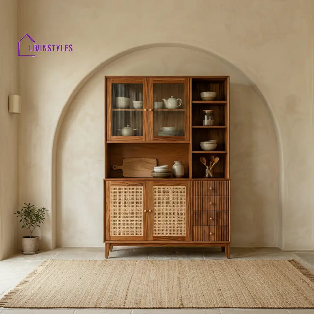 Whiti Classic Kitchen Cabinet with Glass Cane Weave (Honey Finish)