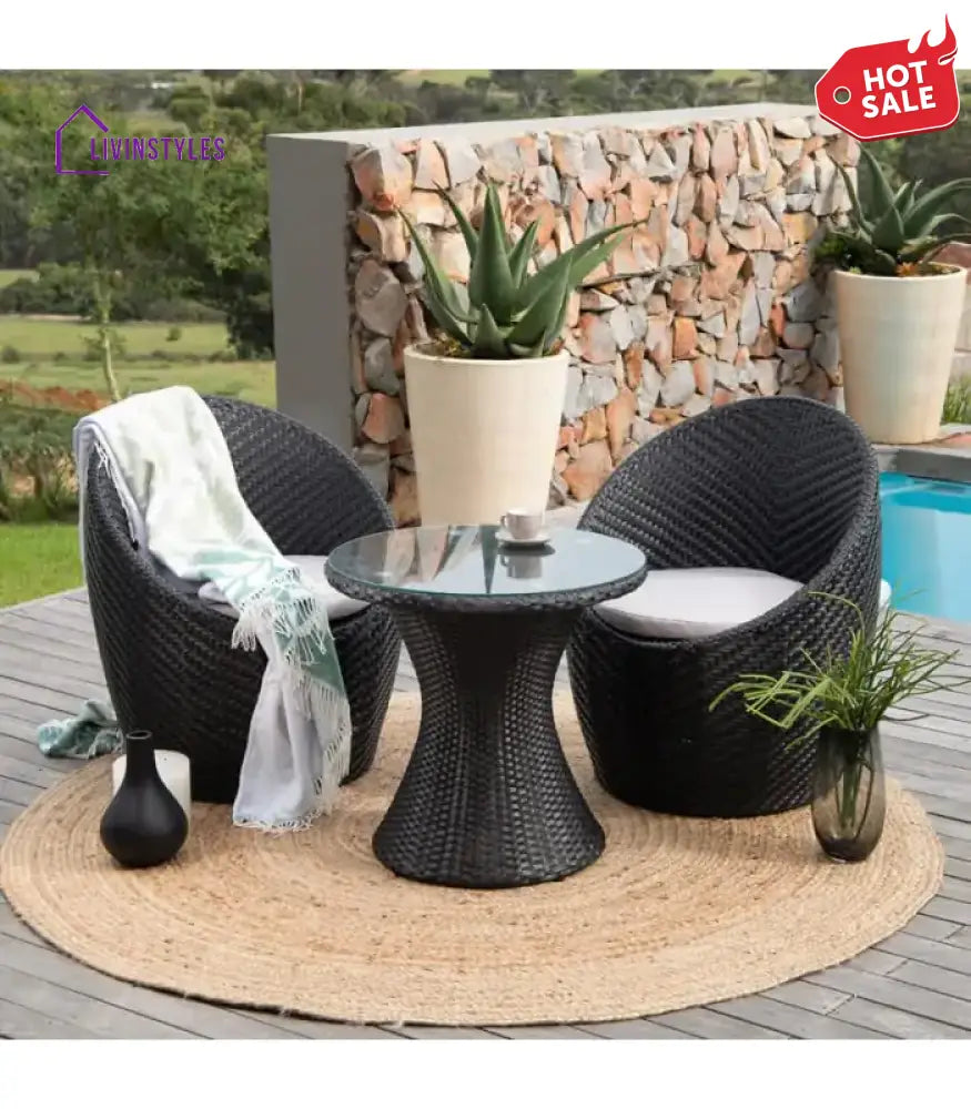 Wicker Furniture Set With Cushions – Small Space Garden & Backyard (Black Off White)