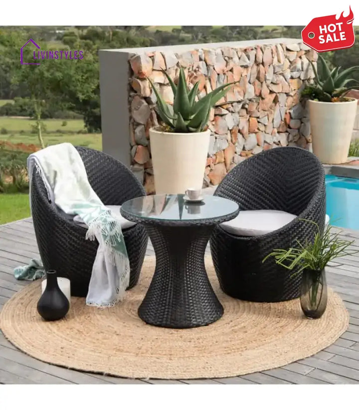 Wicker Furniture Set With Cushions – Small Space Garden & Backyard (Black Off White)
