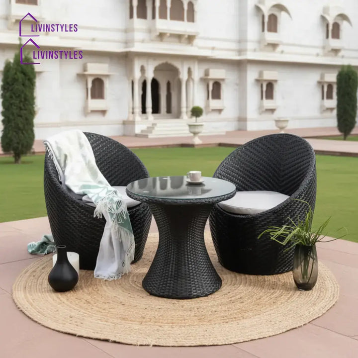 Wicker Furniture Set With Cushions – Small Space Garden & Backyard (Black Off White)