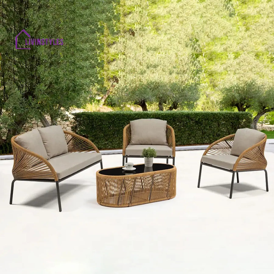 Willa Outdoor Sofa Set 2 Seater 2 Single seater and 1 Center Table Set (Beige) Braided & Rope - Sofa Sets