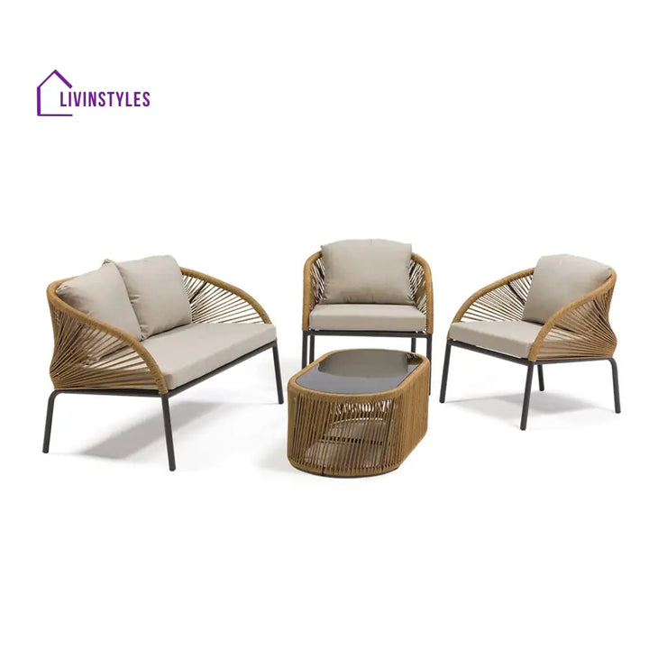 Willa Outdoor Sofa Set 2 Seater 2 Single seater and 1 Center Table Set (Beige) Braided & Rope - Sofa Sets