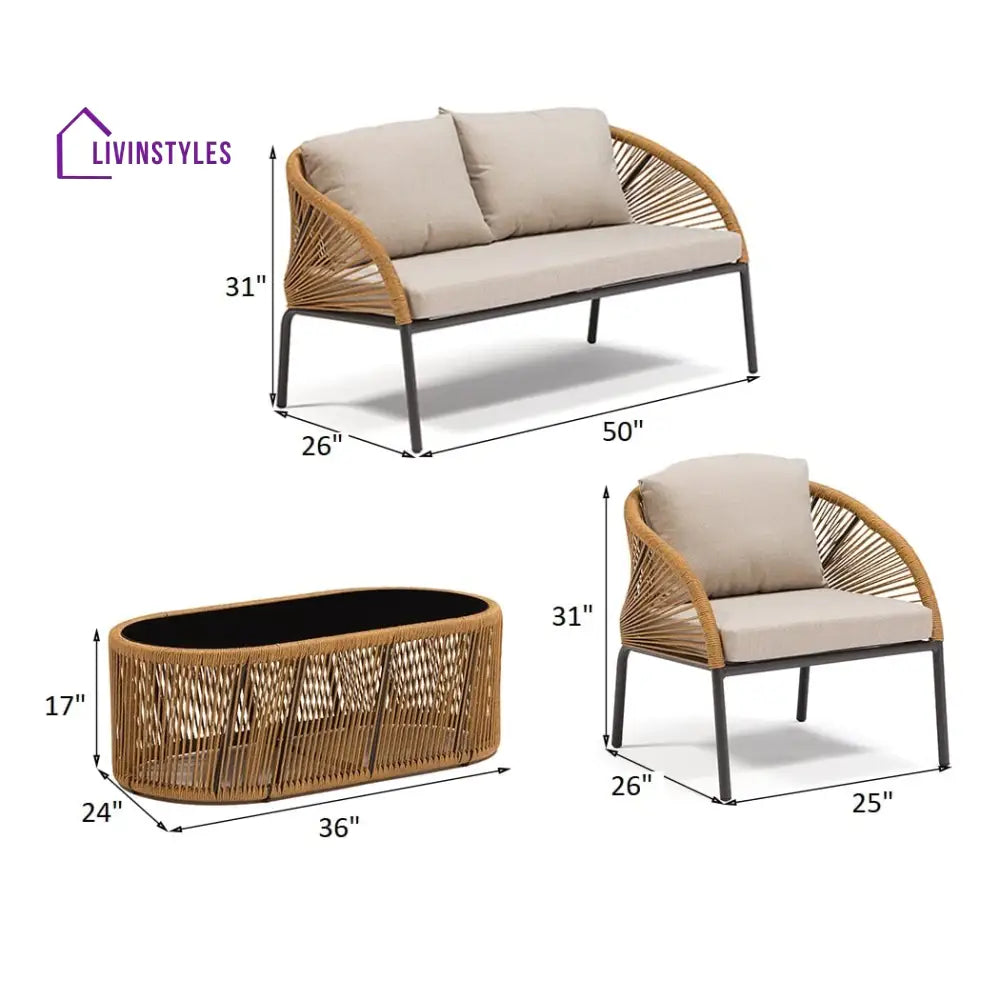 Willa Outdoor Sofa Set 2 Seater 2 Single seater and 1 Center Table Set (Beige) Braided & Rope - Sofa Sets