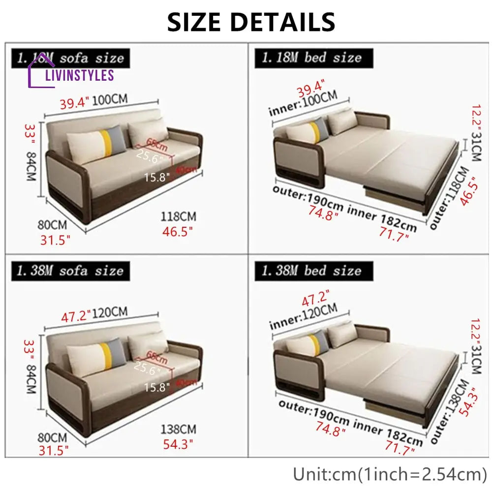 Solid Wood Armrest Sofa Bed With Underneath Storage 138CM/54.3INCH SOFA BED