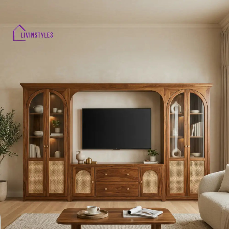 William Premium Solid Wood TV Unit with Cane Panel Cabinet