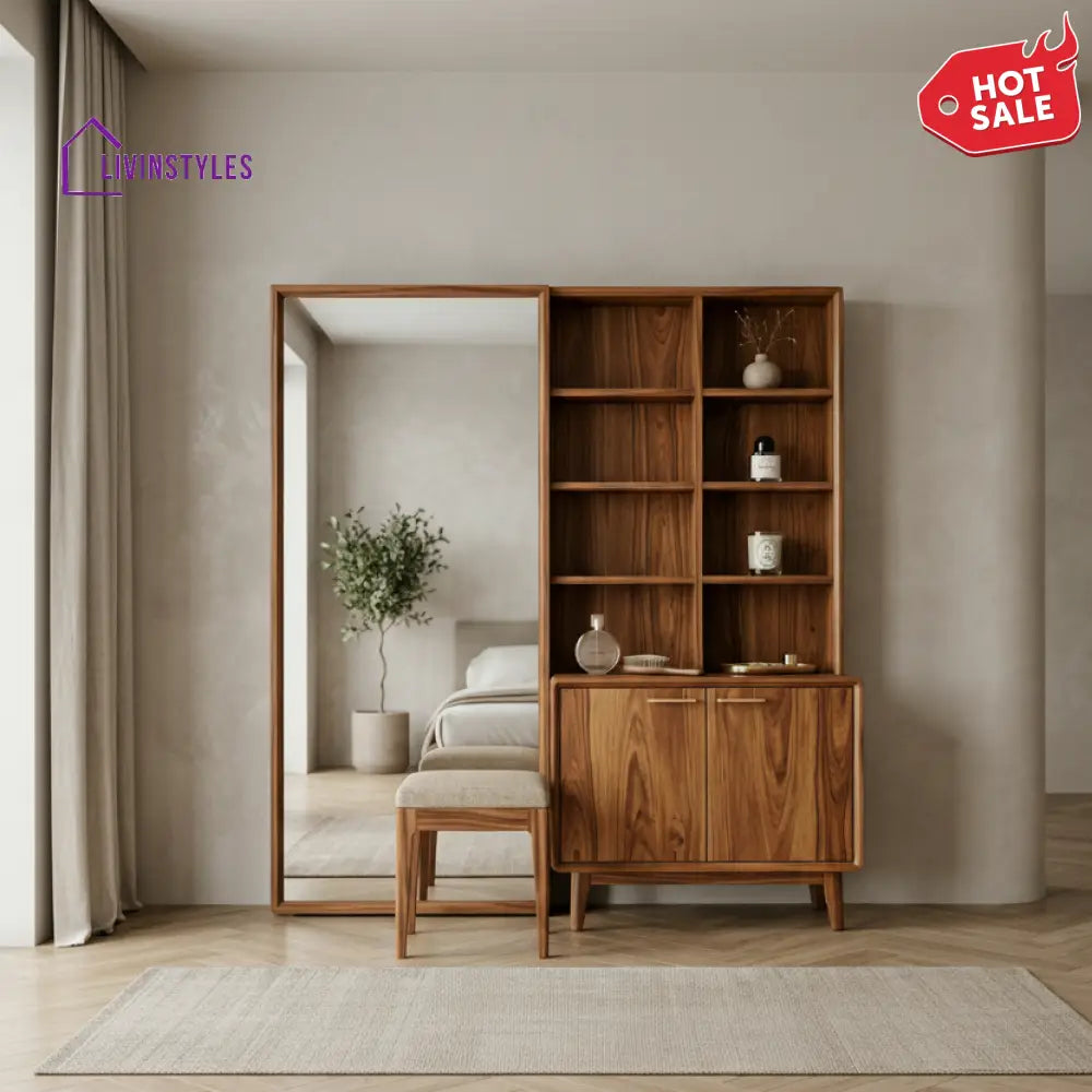 William Sheesham Wood Dressing Table with Mirror and Storage (Honey Finish)
