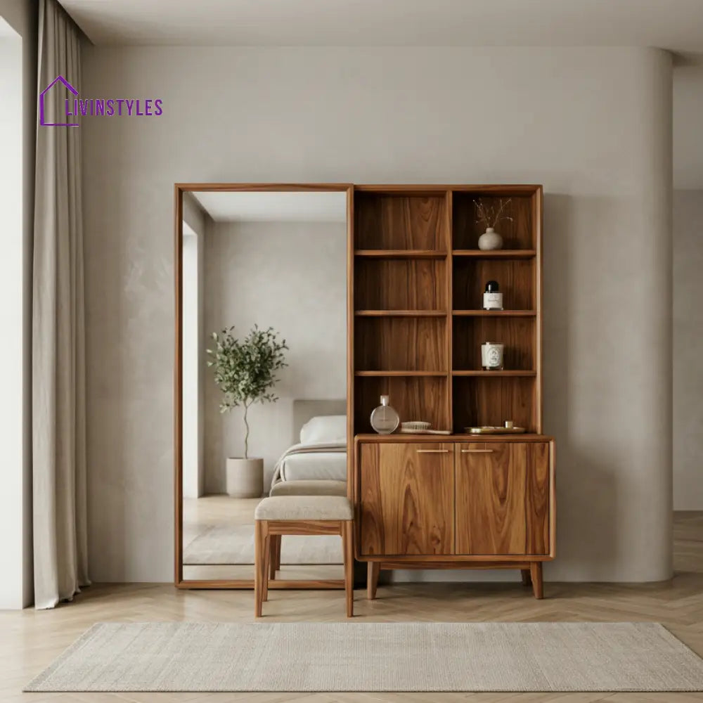 William Sheesham Wood Dressing Table with Mirror and Storage (Honey Finish)