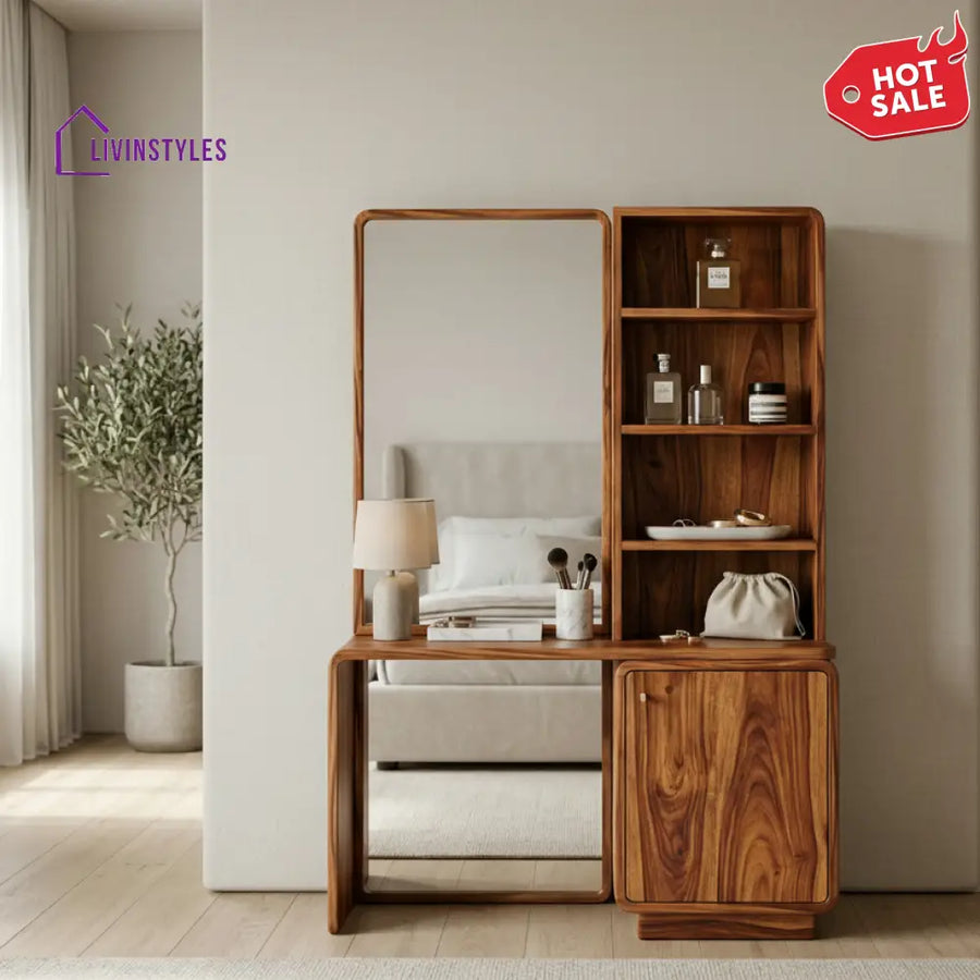 Willow Sheesham Wood Dressing Table with Mirror and Storage (Honey Finish)