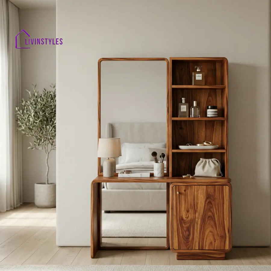 Willow Sheesham Wood Dressing Table with Mirror and Storage (Honey Finish)