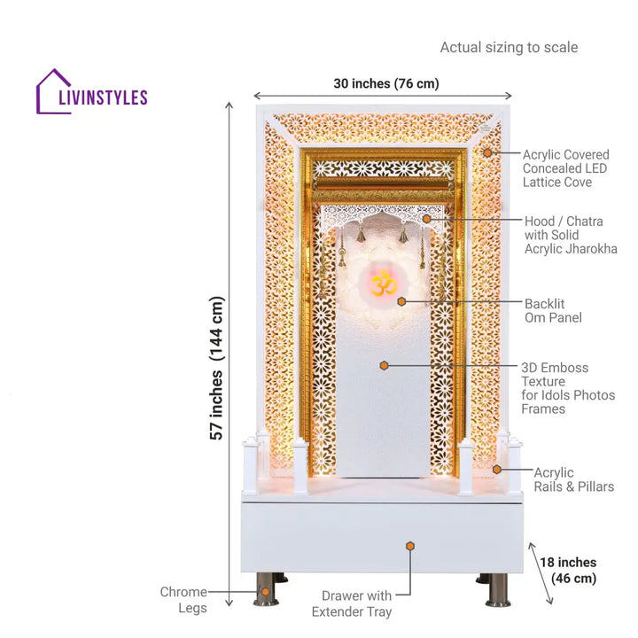Willow Wooden Designer Mandir for Home In Glossy White Color with Lights Mandir