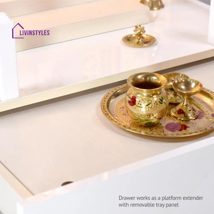 Willow Wooden Designer Mandir for Home In Glossy White Color with Lights Mandir