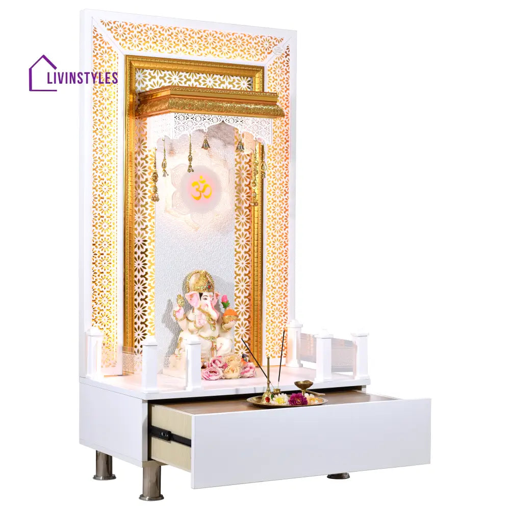 Willow Wooden Designer Mandir for Home In Glossy White Color with Lights Mandir