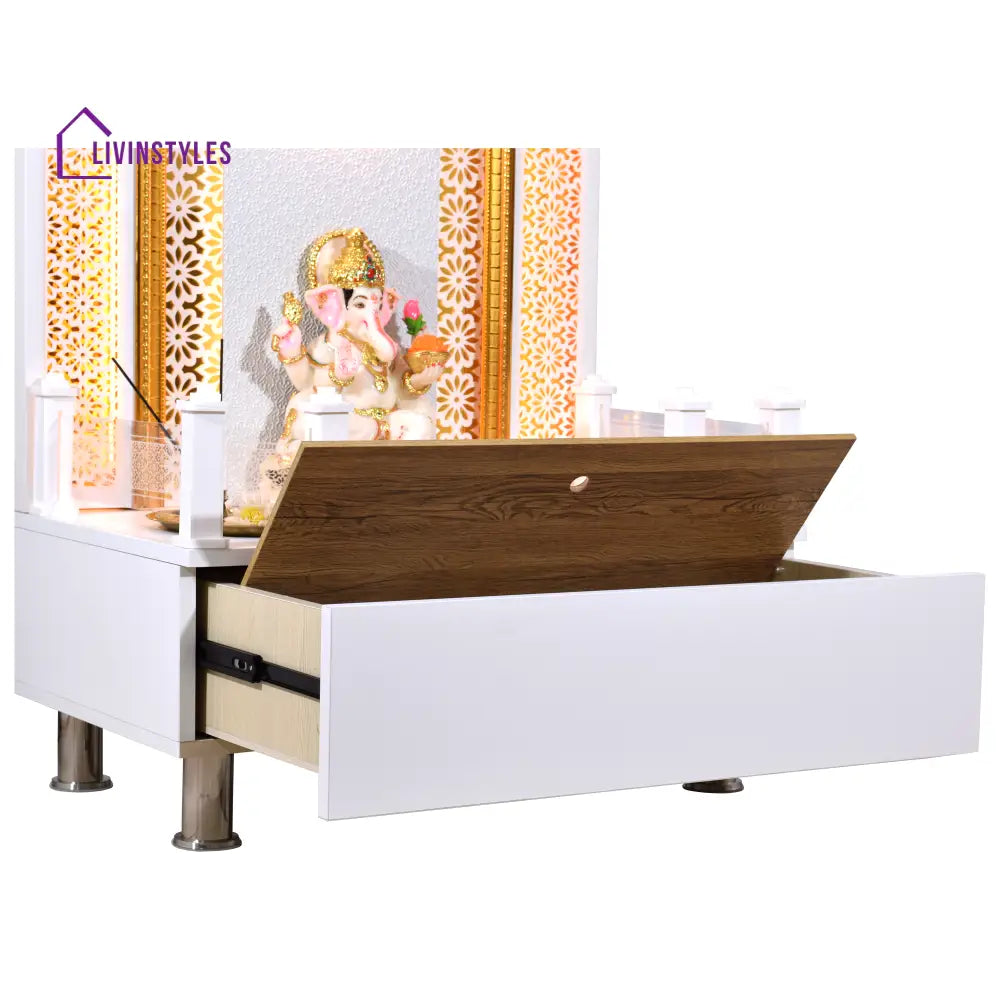 Willow Wooden Designer Mandir for Home In Glossy White Color with Lights Mandir