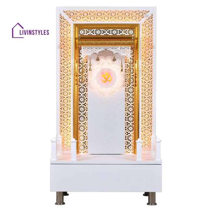 Willow Wooden Designer Mandir for Home In Glossy White Color with Lights Mandir