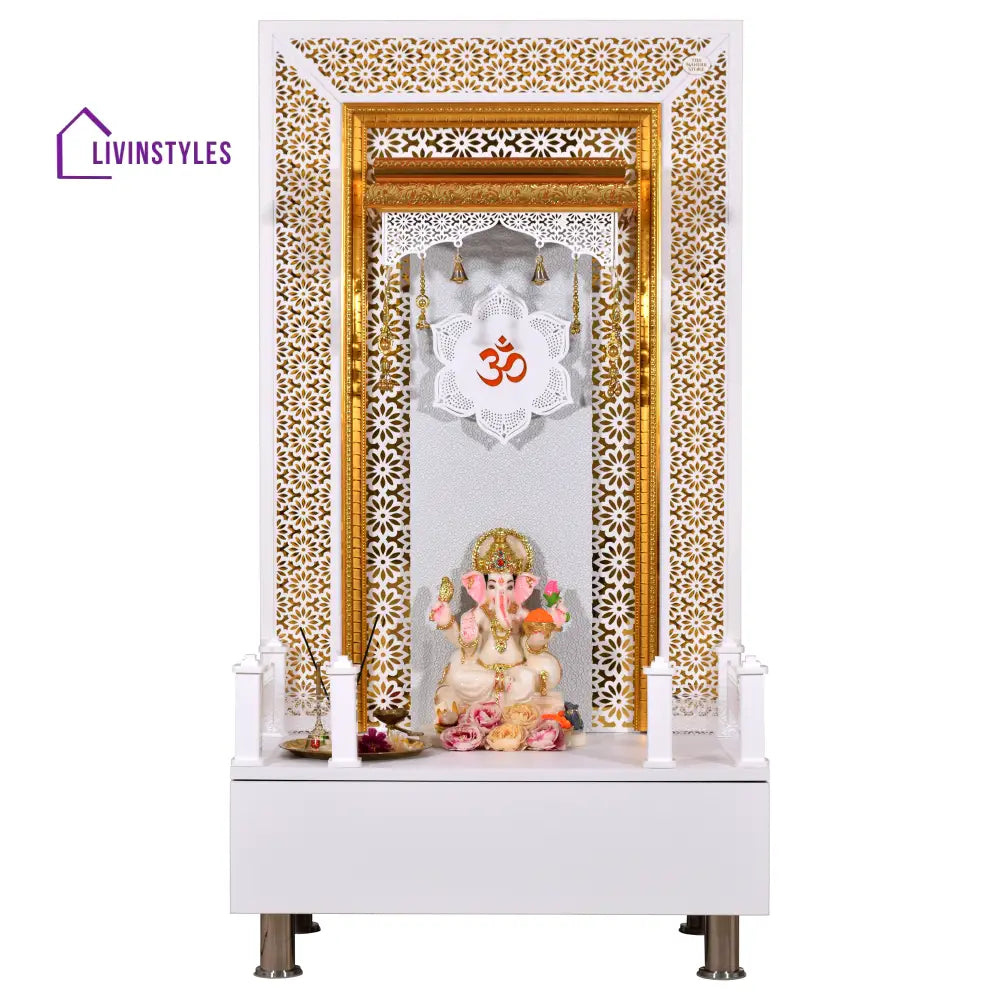 Willow Wooden Designer Mandir for Home In Glossy White Color with Lights Mandir