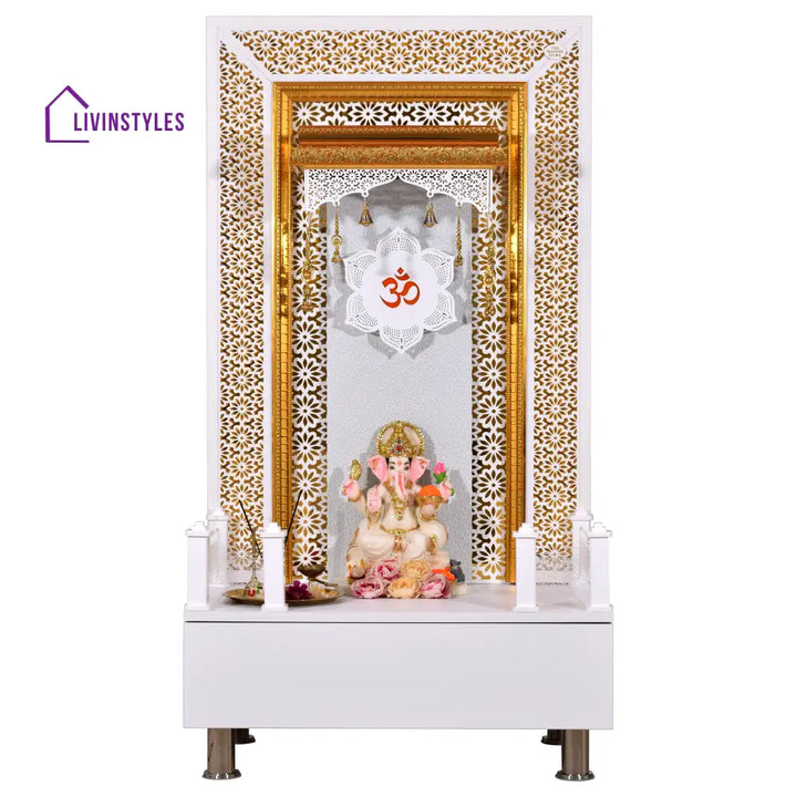 Willow Wooden Designer Mandir for Home In Glossy White Color with Lights Mandir