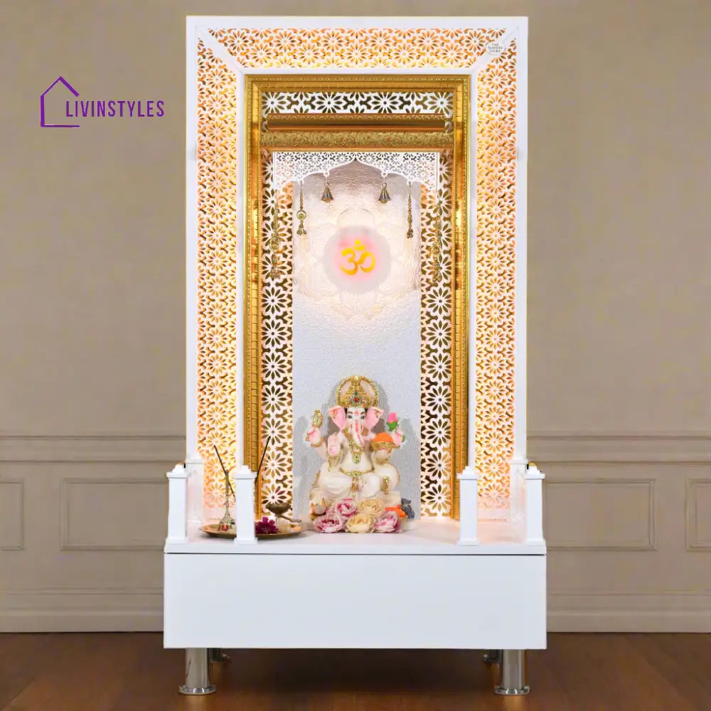 Willow Wooden Designer Mandir for Home In Glossy White Color with Lights Mandir