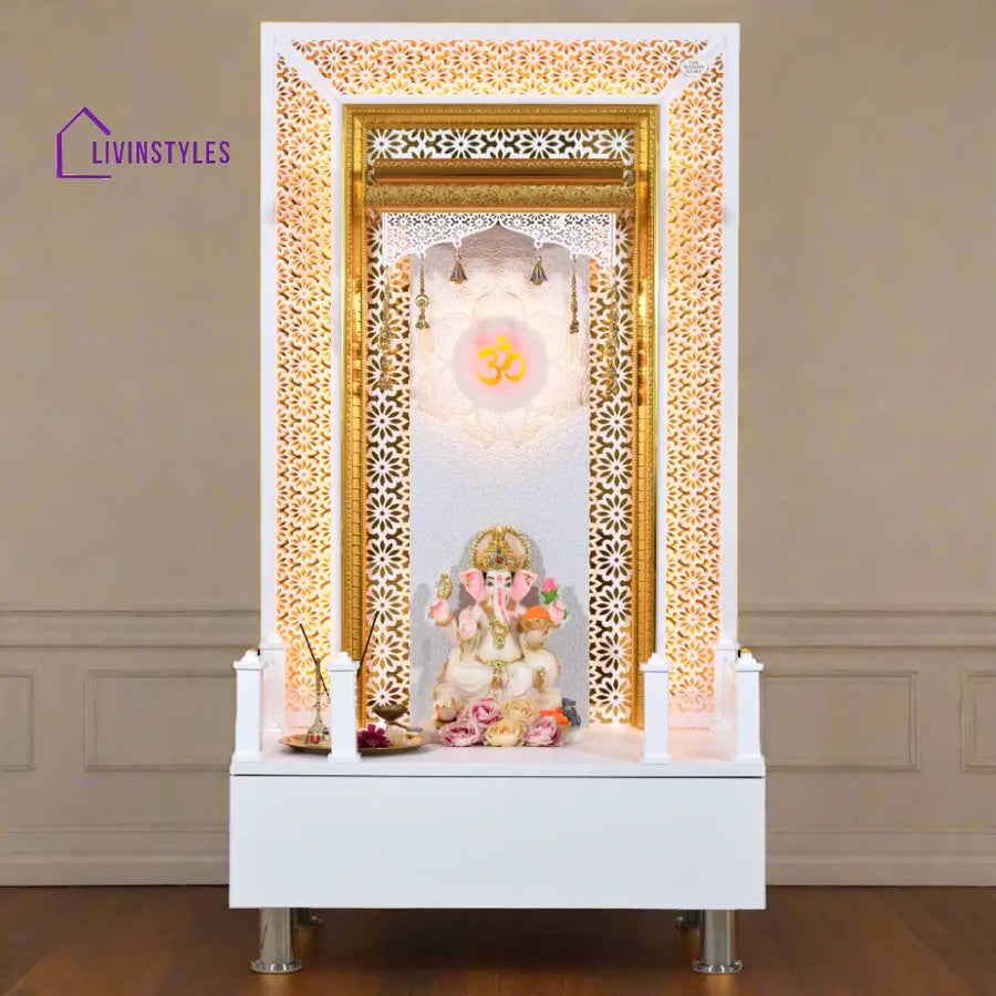 Willow Wooden Designer Mandir for Home In Glossy White Color with Lights Mandir