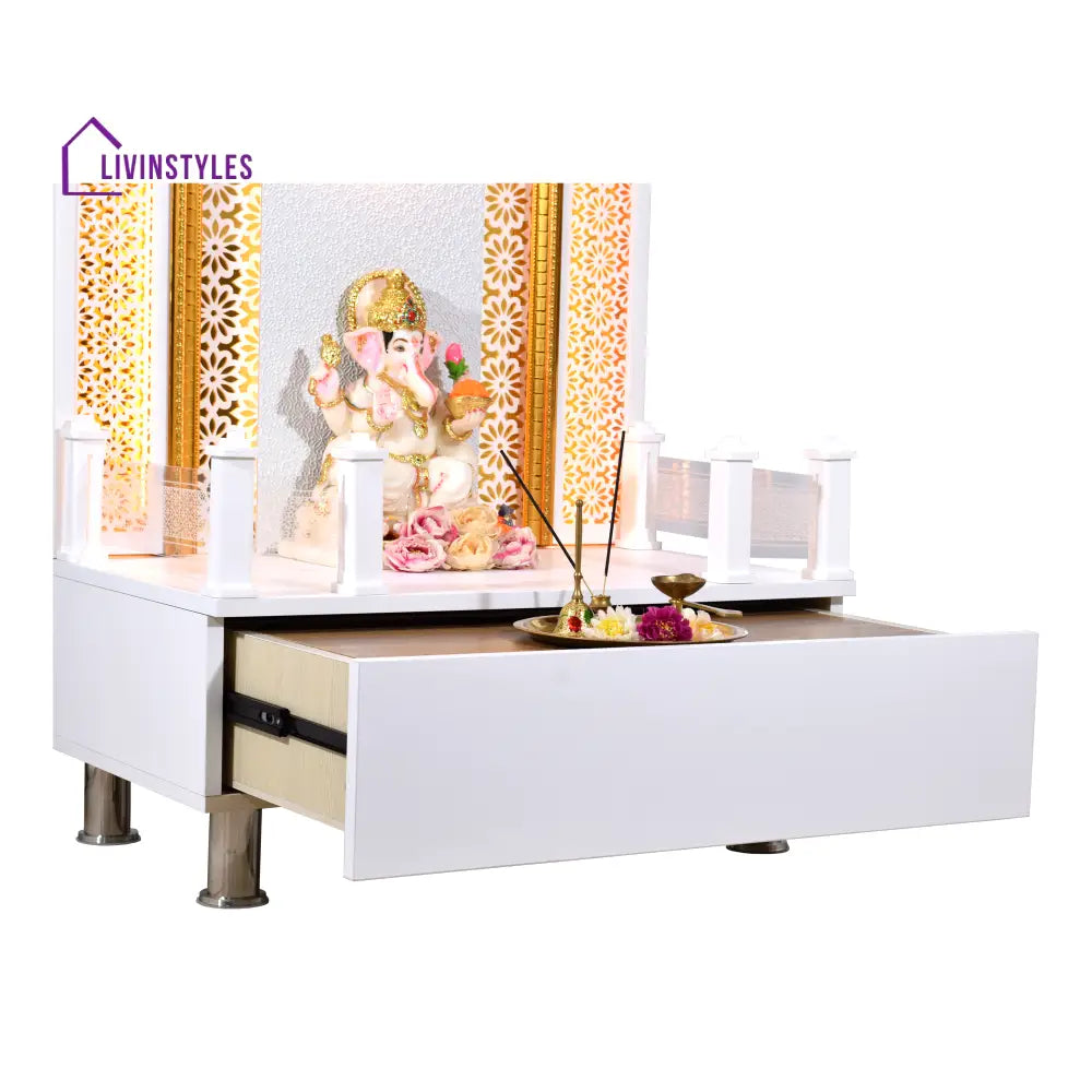 Willow Wooden Designer Mandir for Home In Glossy White Color with Lights Mandir