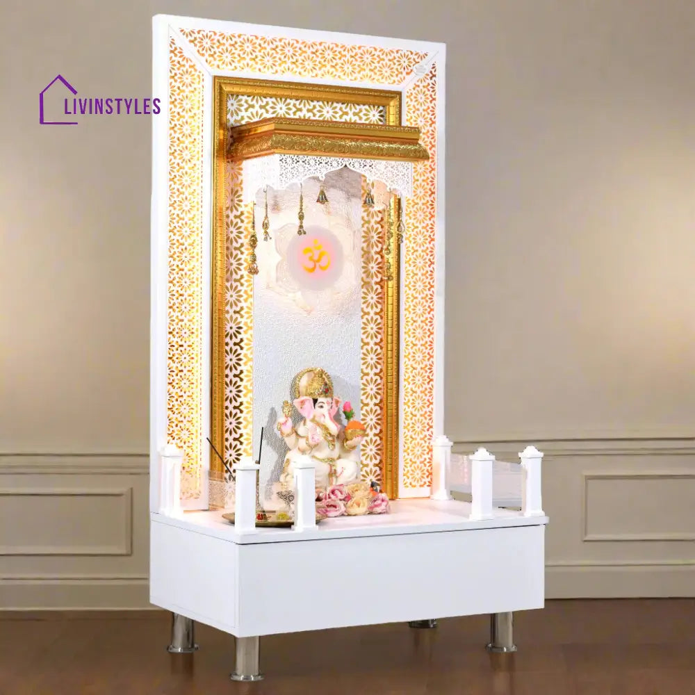 Willow Wooden Designer Mandir for Home In Glossy White Color with Lights Mandir
