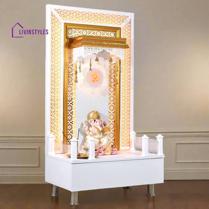 Willow Wooden Designer Mandir for Home In Glossy White Color with Lights Mandir