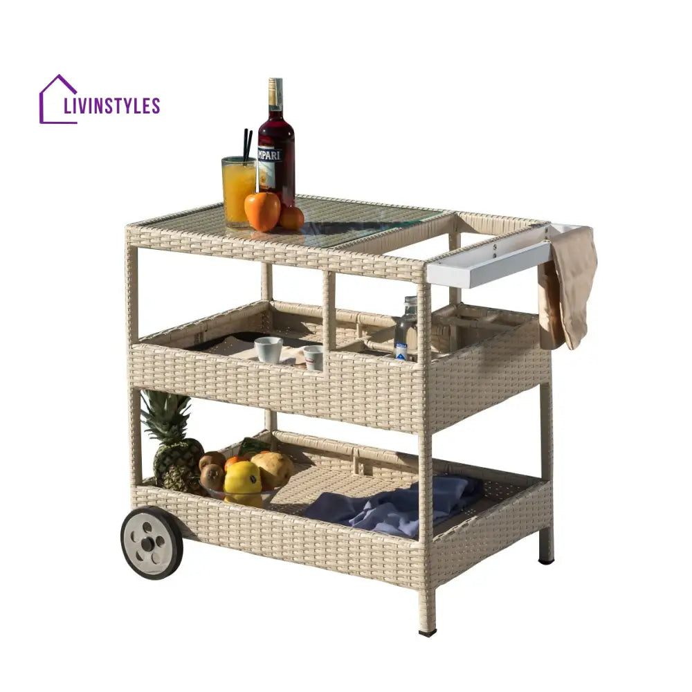 Winf Outdoor Patio Bar Serving Cart (Cream) - Wicker