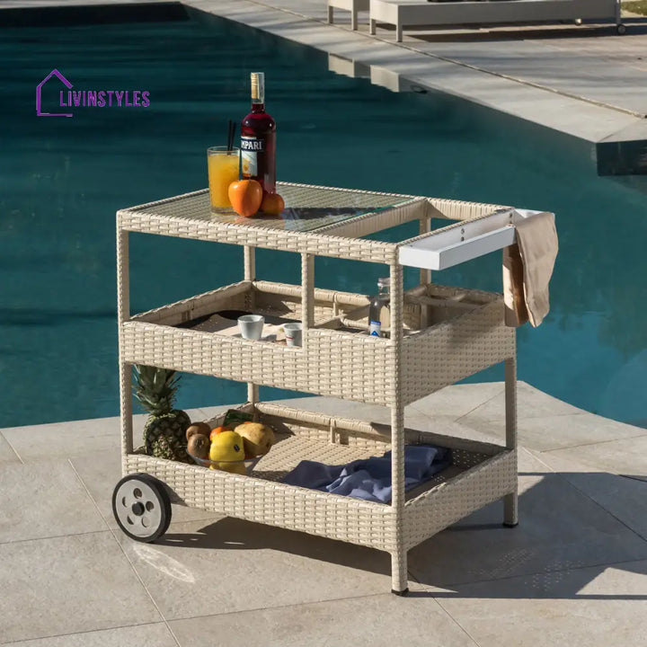 Winf Outdoor Patio Bar Serving Cart (Cream) - Wicker