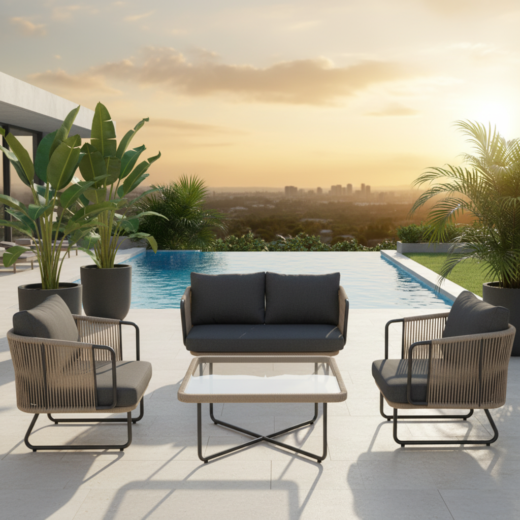 Belle Outdoor Garden Balcony Sofa Set 2 Seater , 2 Single Seater 1 Center Table Set (Dark Grey) Braided and Rope