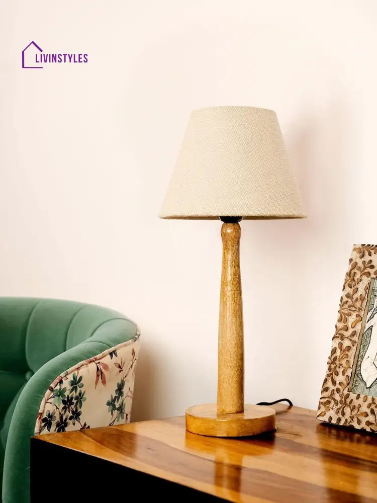 Wooden Brown Lamp With Taper White Jute Shade