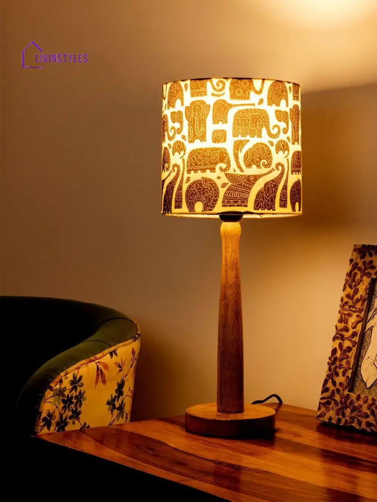 Wooden Brown Table Lamp With Black Elephant Shade