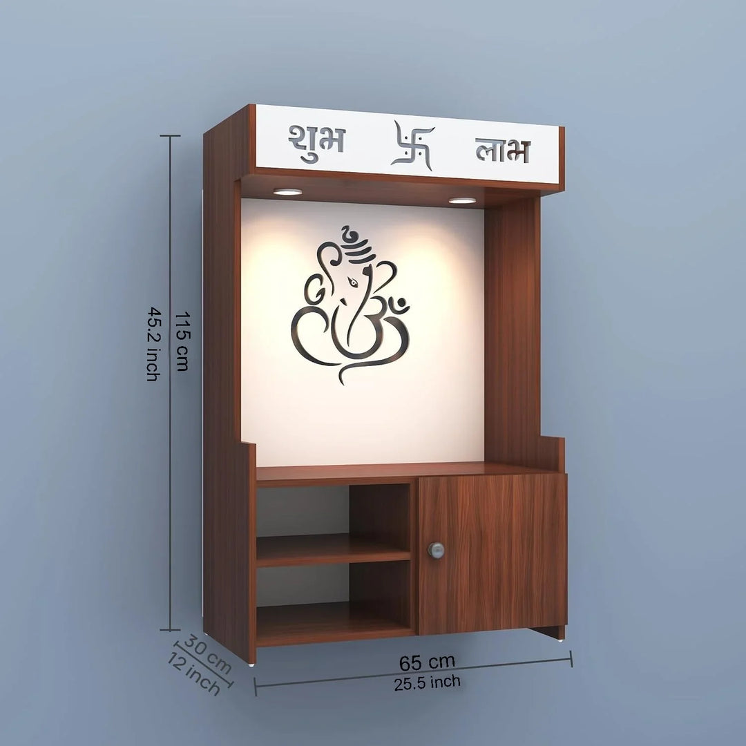 OmkarWood DivineGlow Wooden Floor Pooja Mandir with Ganesh Om Back Panel & Shubh Labh Cabinet