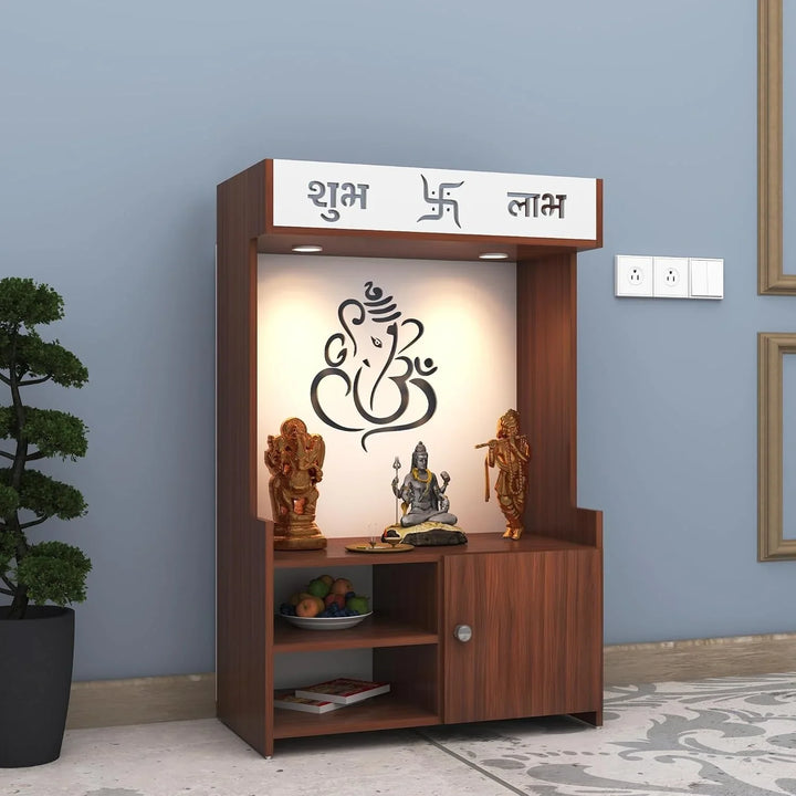 OmkarWood DivineGlow Wooden Floor Pooja Mandir with Ganesh Om Back Panel & Shubh Labh Cabinet