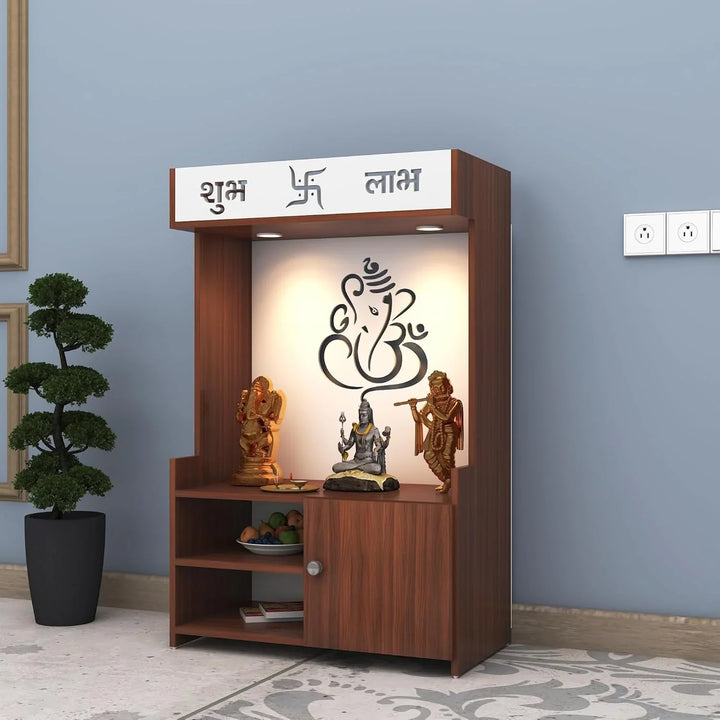OmkarWood DivineGlow Wooden Floor Pooja Mandir with Ganesh Om Back Panel & Shubh Labh Cabinet