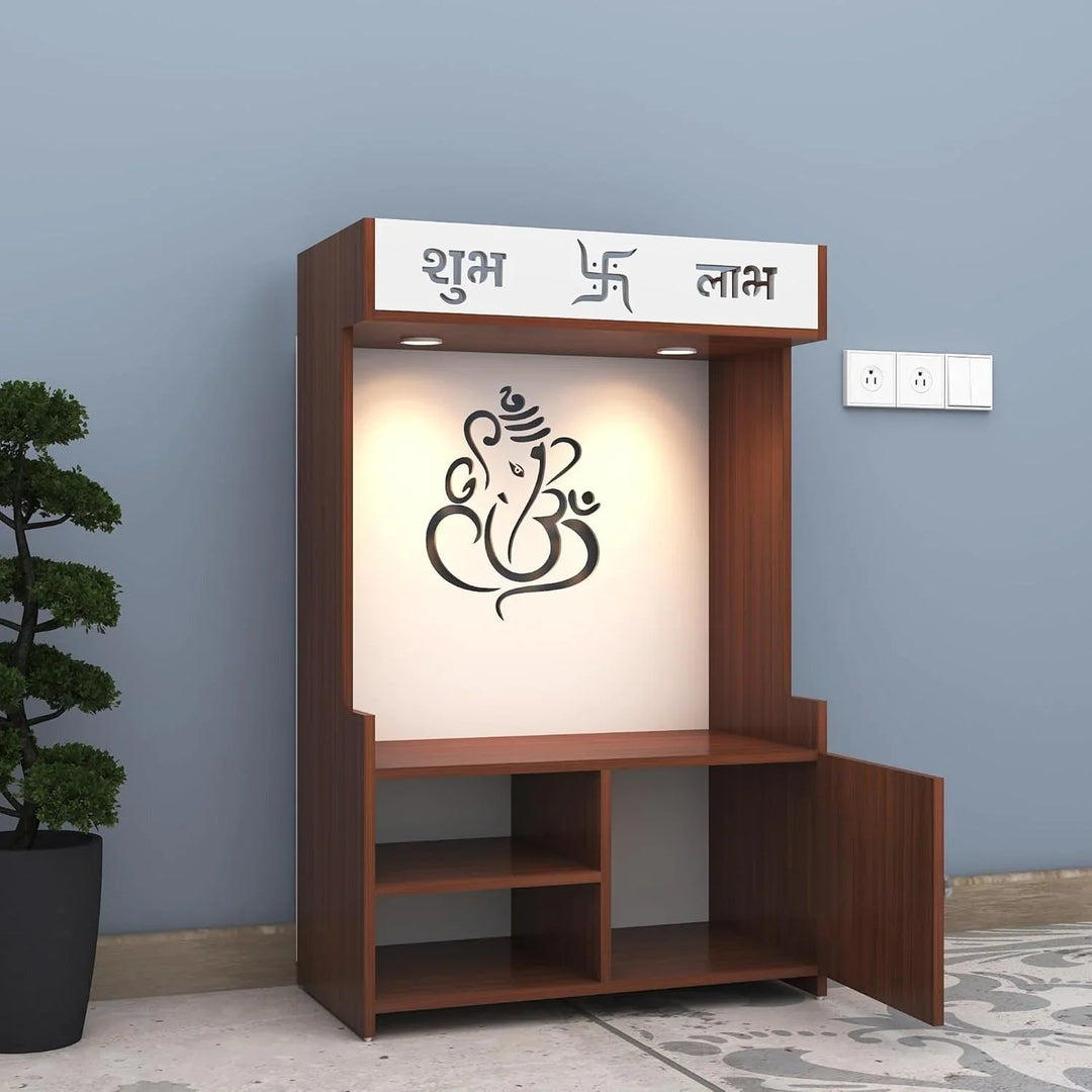 OmkarWood DivineGlow Wooden Floor Pooja Mandir with Ganesh Om Back Panel & Shubh Labh Cabinet