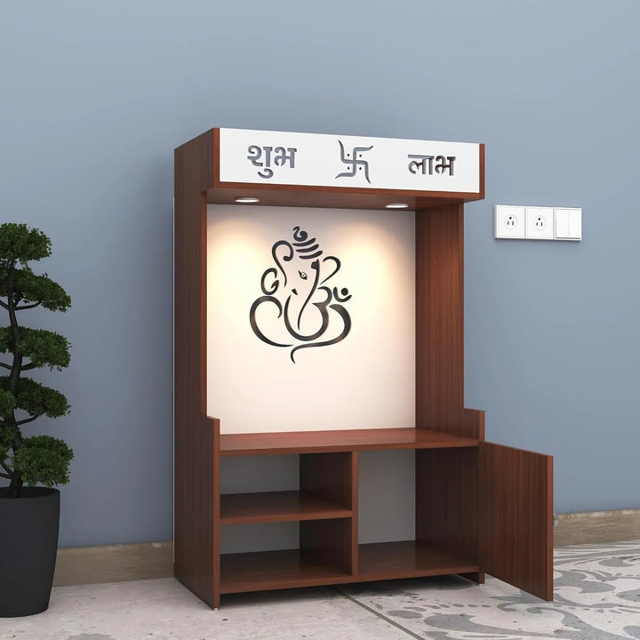 OmkarWood DivineGlow Wooden Floor Pooja Mandir with Ganesh Om Back Panel & Shubh Labh Cabinet