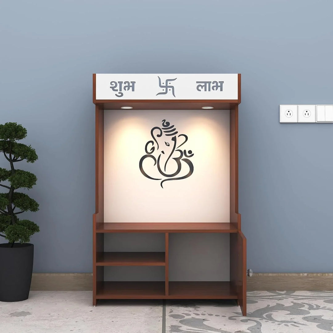 OmkarWood DivineGlow Wooden Floor Pooja Mandir with Ganesh Om Back Panel & Shubh Labh Cabinet