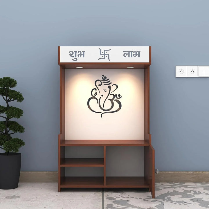 OmkarWood DivineGlow Wooden Floor Pooja Mandir with Ganesh Om Back Panel & Shubh Labh Cabinet
