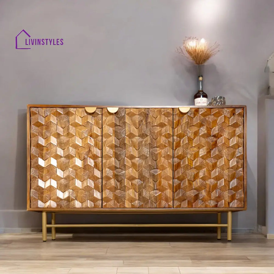 Wooden Gem Art Deco Solid Mango Wood Sideboard with Golden Frame 145 cm
