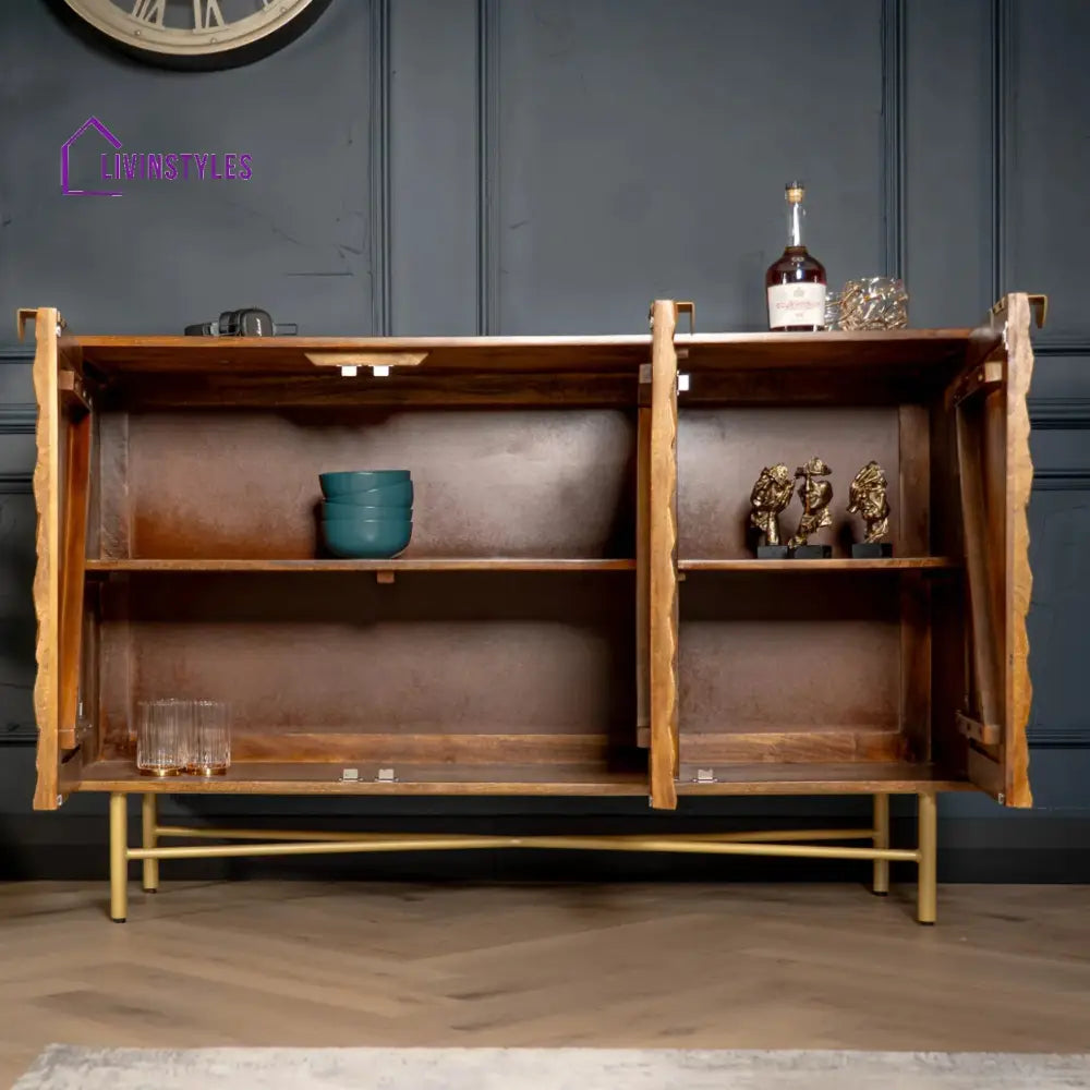 Wooden Gem Art Deco Solid Mango Wood Sideboard with Golden Frame 145 cm