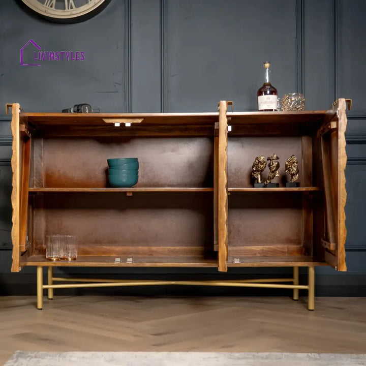 Wooden Gem Art Deco Solid Mango Wood Sideboard with Golden Frame 145 cm