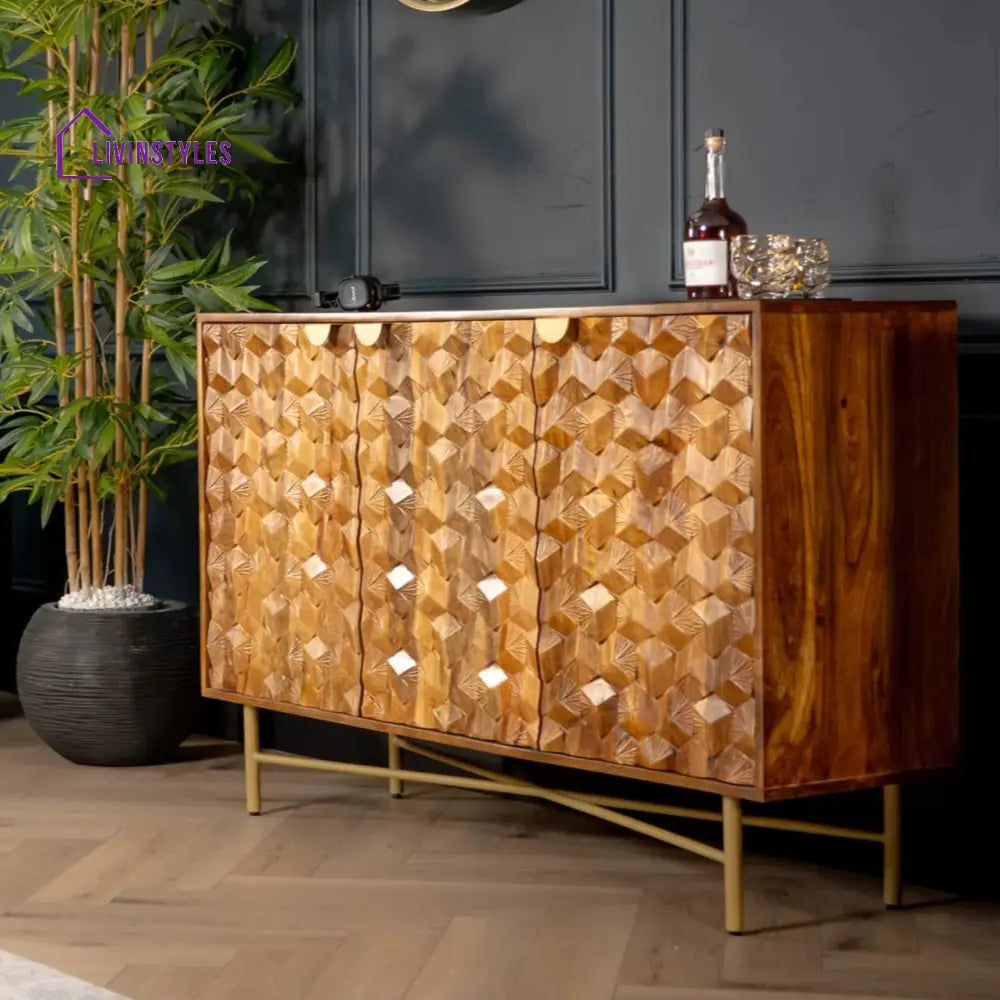 Wooden Gem Art Deco Solid Mango Wood Sideboard with Golden Frame 145 cm