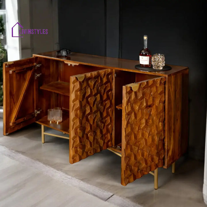 Wooden Gem Art Deco Solid Mango Wood Sideboard with Golden Frame 145 cm