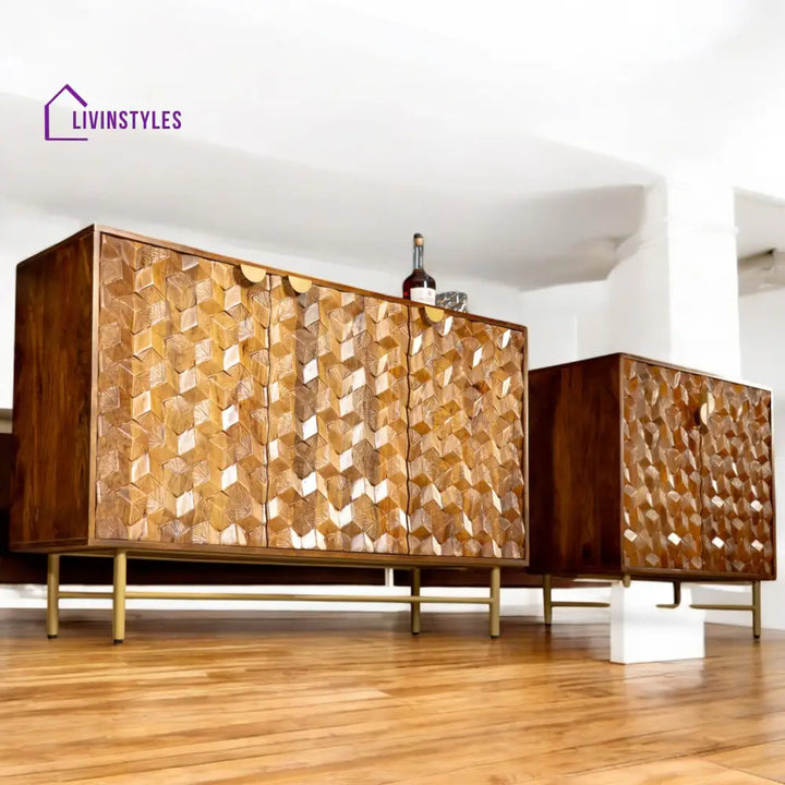 Wooden Gem Art Deco Solid Mango Wood Sideboard with Golden Frame 145 cm